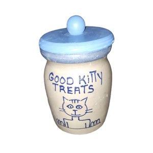 Vtg Blue Salt Glazed Crock Good Kitty Treats Signed BBP Jar